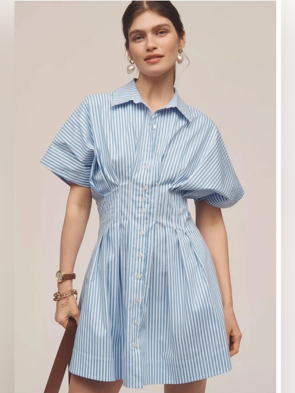 Anthropologie Exquise Tobie Button-Front Pleated Shirtdress Blue Stripe Medium